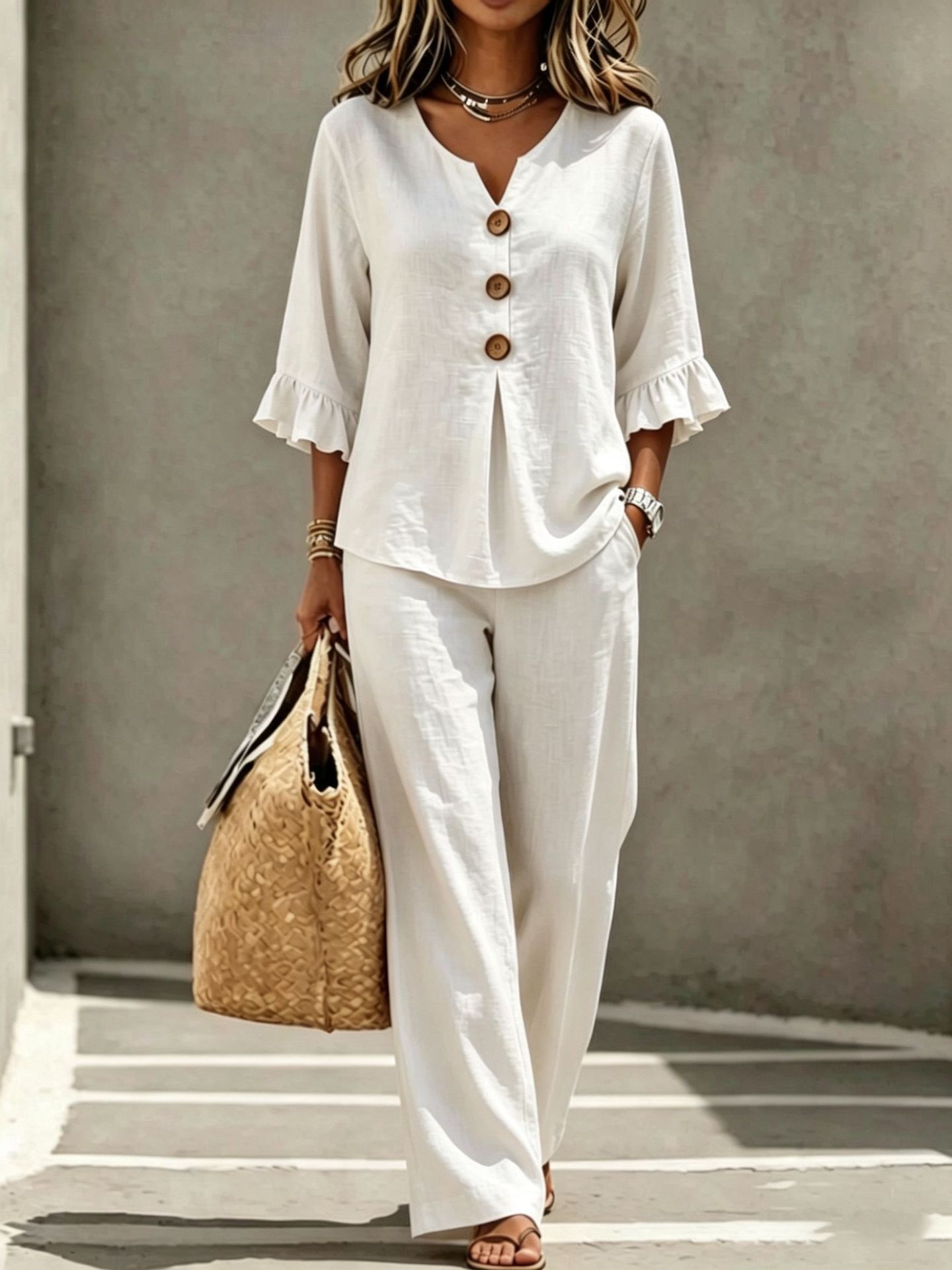 Linen Pant Wide - レディース リネン2点セット Vネック ボタンフロント ラッフルスリーブ トップス