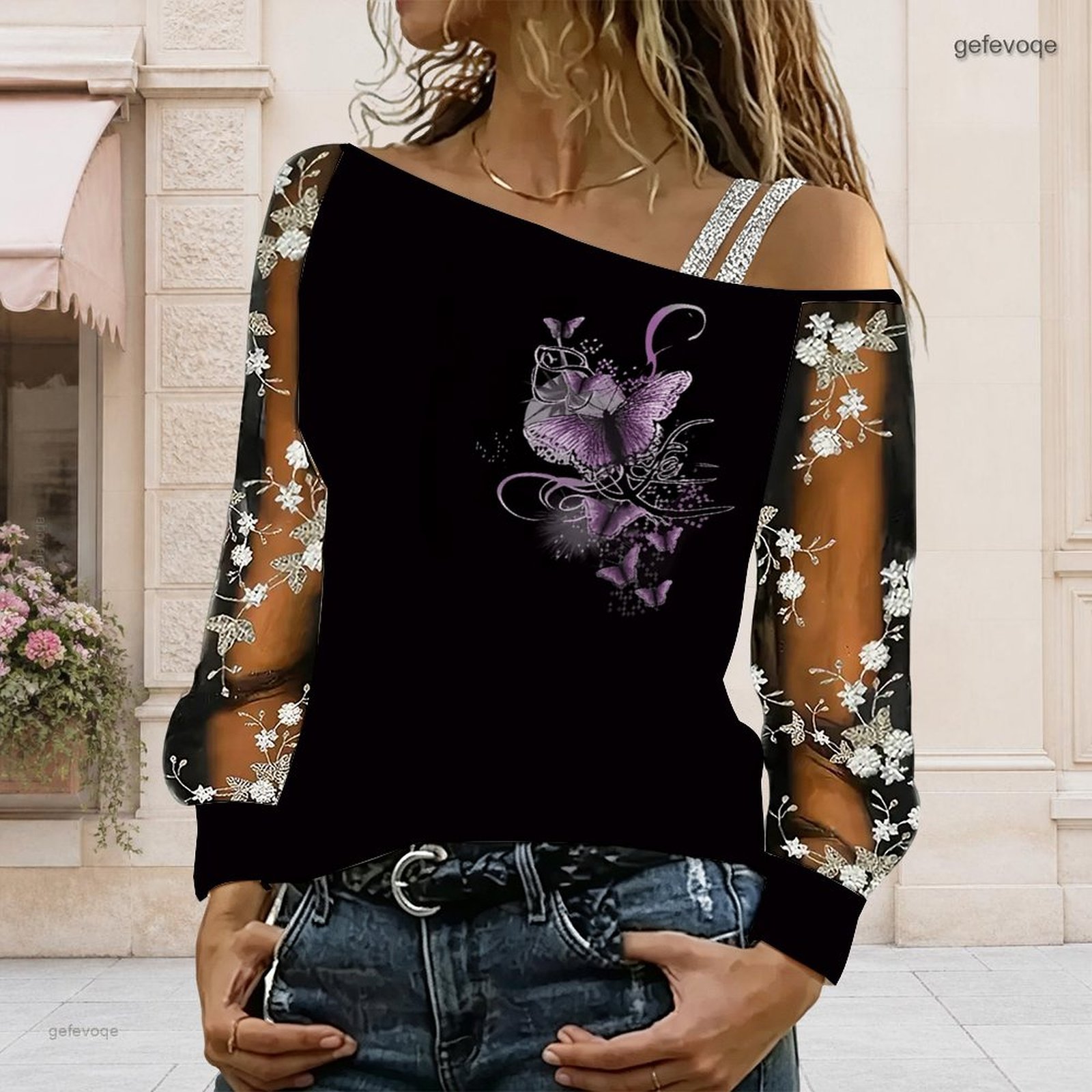 Blouse Off Shoulder - 女性用オフショルダーブラウス、アシンメトリーなワンショルダートップ、レース花柄メッシュ、長袖スリングディテール、ルーズカジュアルTシャツ