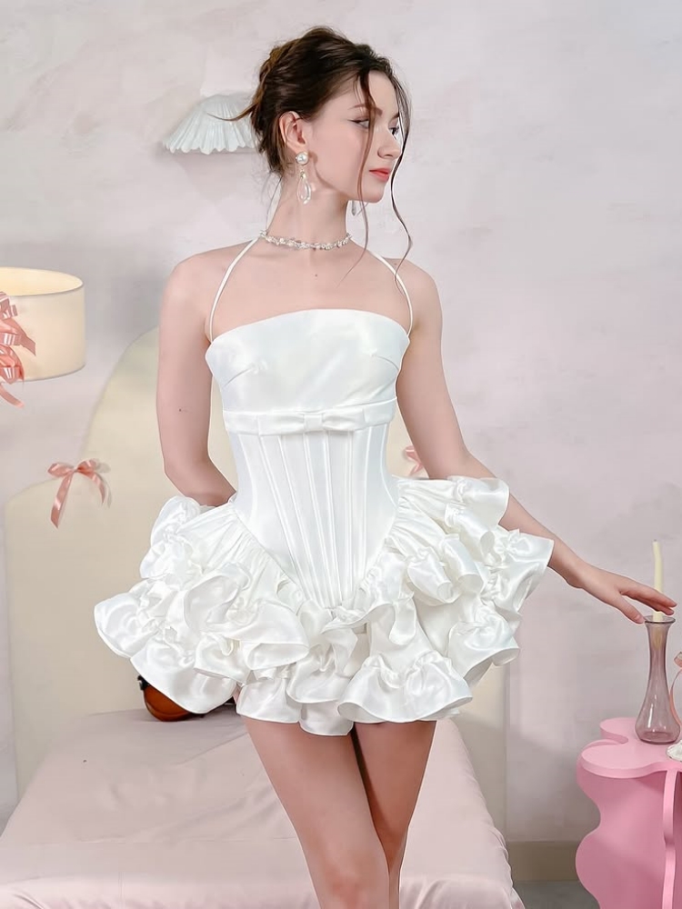Maxi Dress Halter - 女性用ピンクホワイトレースアップドレス2ピースセット、セクシーなノースリーブボウラッフルAラインドレス+ショートパンツスーツ、イブニングパーティーカクテルセット