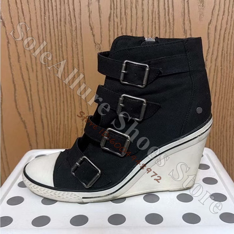 Wedge Espadrille Women - グレーのマルチバックルハイカットウェッジスニーカー、ヴィンテージトゥキャップ、隠しウェッジヒール、レトロストリート、デイリーカジュアルウォーキングシューズ