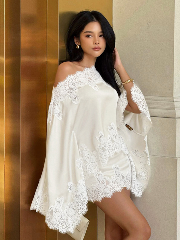 エレガントなレースパッチワークのレディースシャツスカートスー - Blouse Off Shoulder のレビューと価格