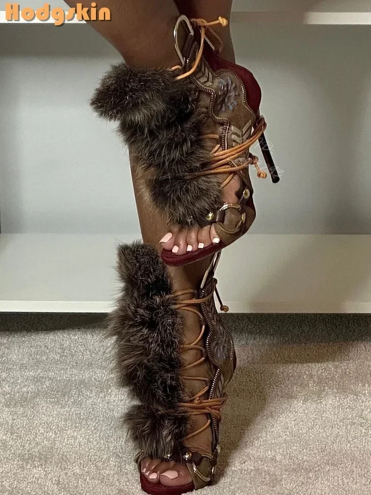 パッチワークスエードフェイクファー装飾サンダルレトロラウンド - Sandal Strappy Heeled のレビューと価格