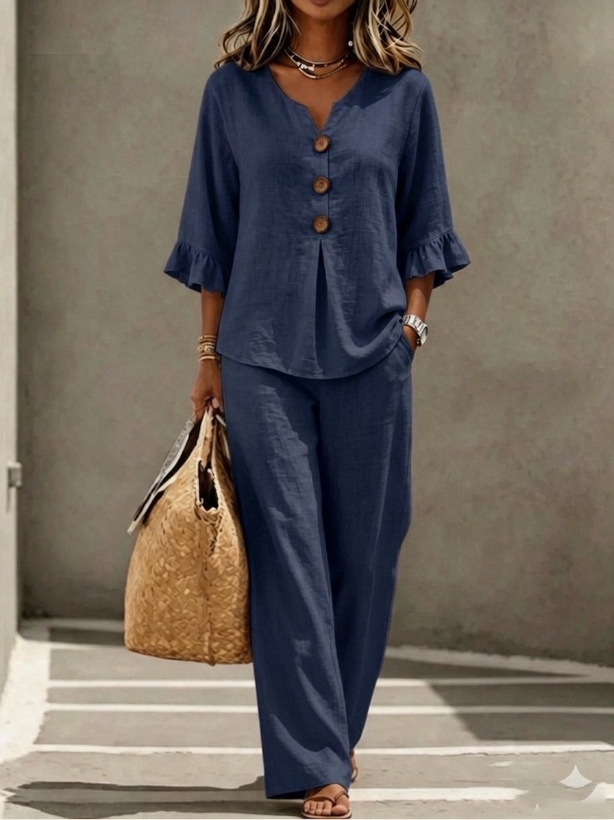 レディース リネン2点セット Vネック ボタンフロント ラッ - Linen Pant Wide のレビューと価格
