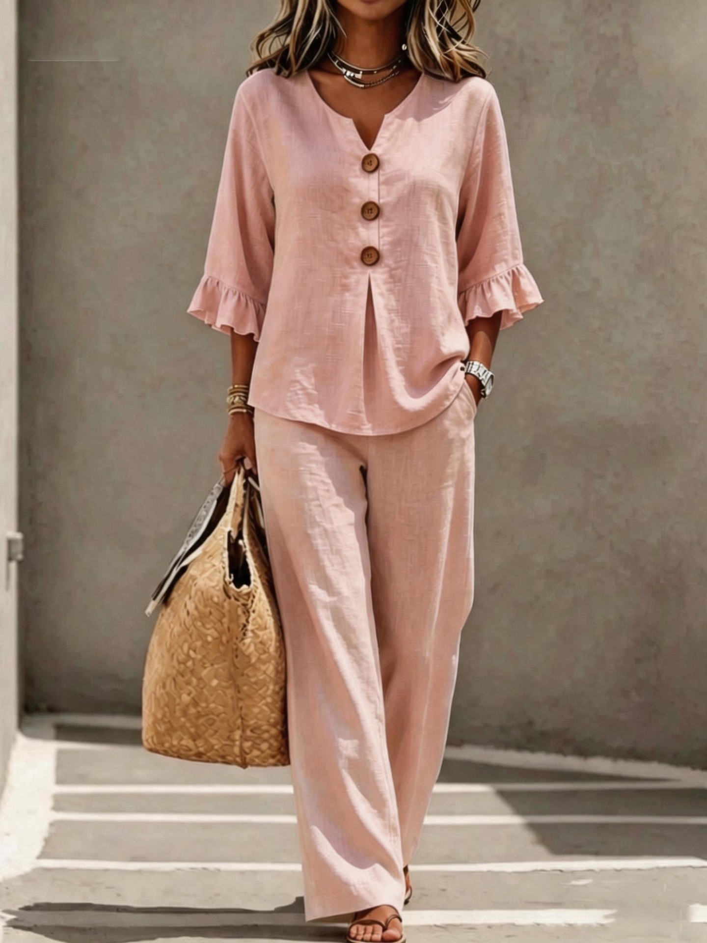 レディース リネン2点セット Vネック ボタンフロント ラッ - Linen Pant Wide のレビューと価格