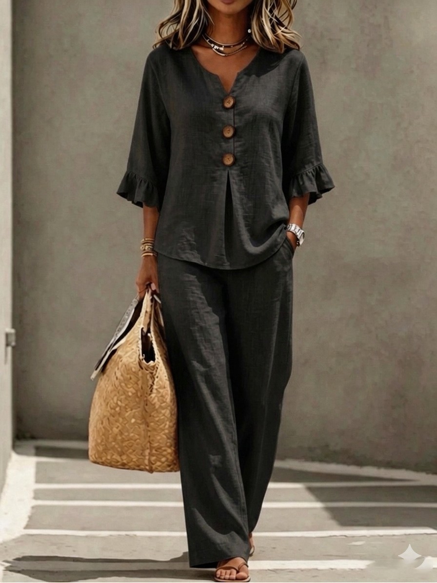 レディース リネン2点セット Vネック ボタンフロント ラッ - Linen Pant Wide のレビューと価格