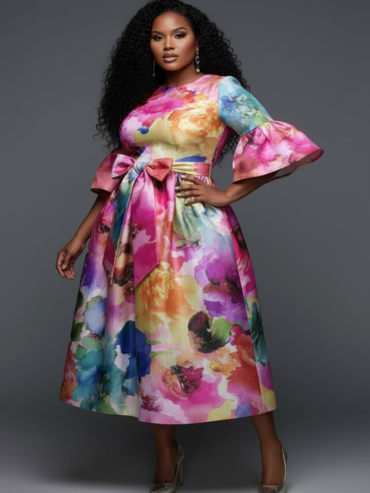 プラスサイズ ラウンドネック フレアスリーブ ボウウエスト  - Midi Skirt Floral のレビューと価格