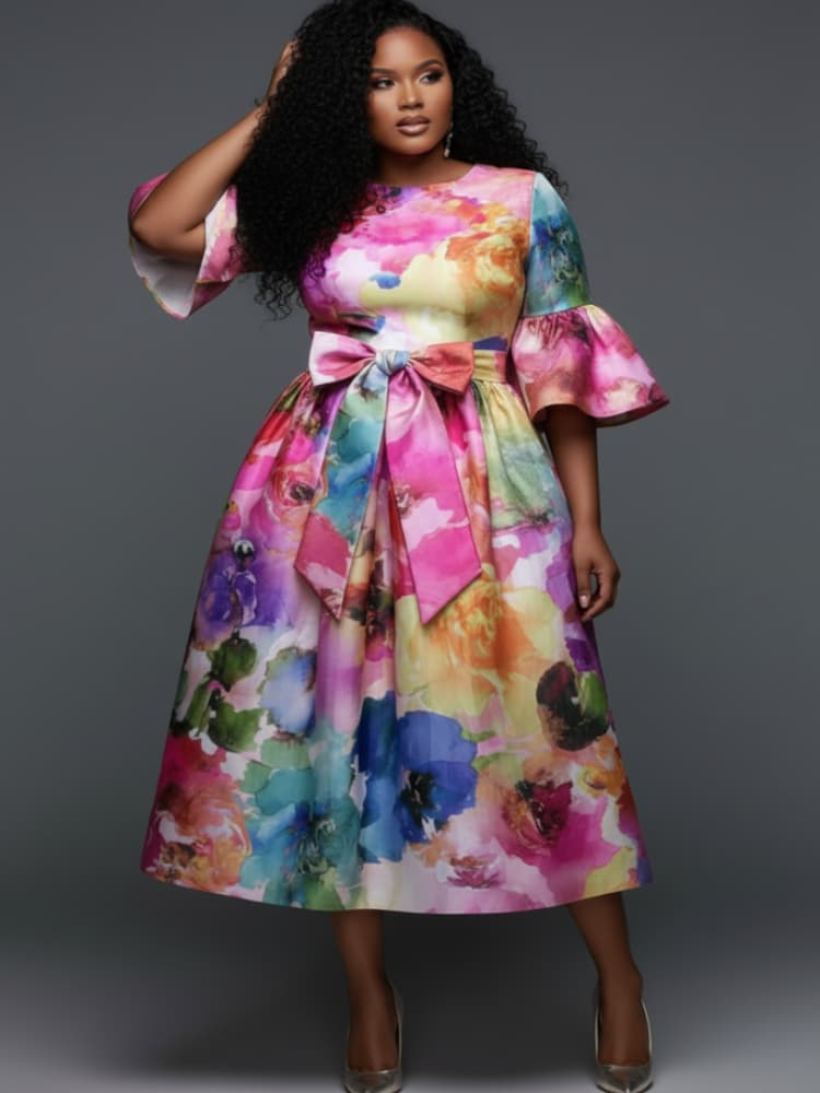 プラスサイズ ラウンドネック フレアスリーブ ボウウエスト  - Midi Skirt Floral のレビューと価格