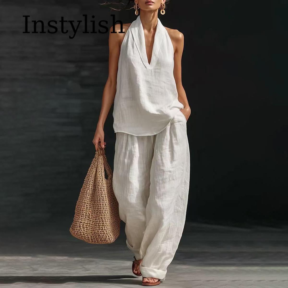 夏の女性用カジュアルリネン2ピースホルターネックVネック通勤 - Linen Pant Wide のレビューと価格