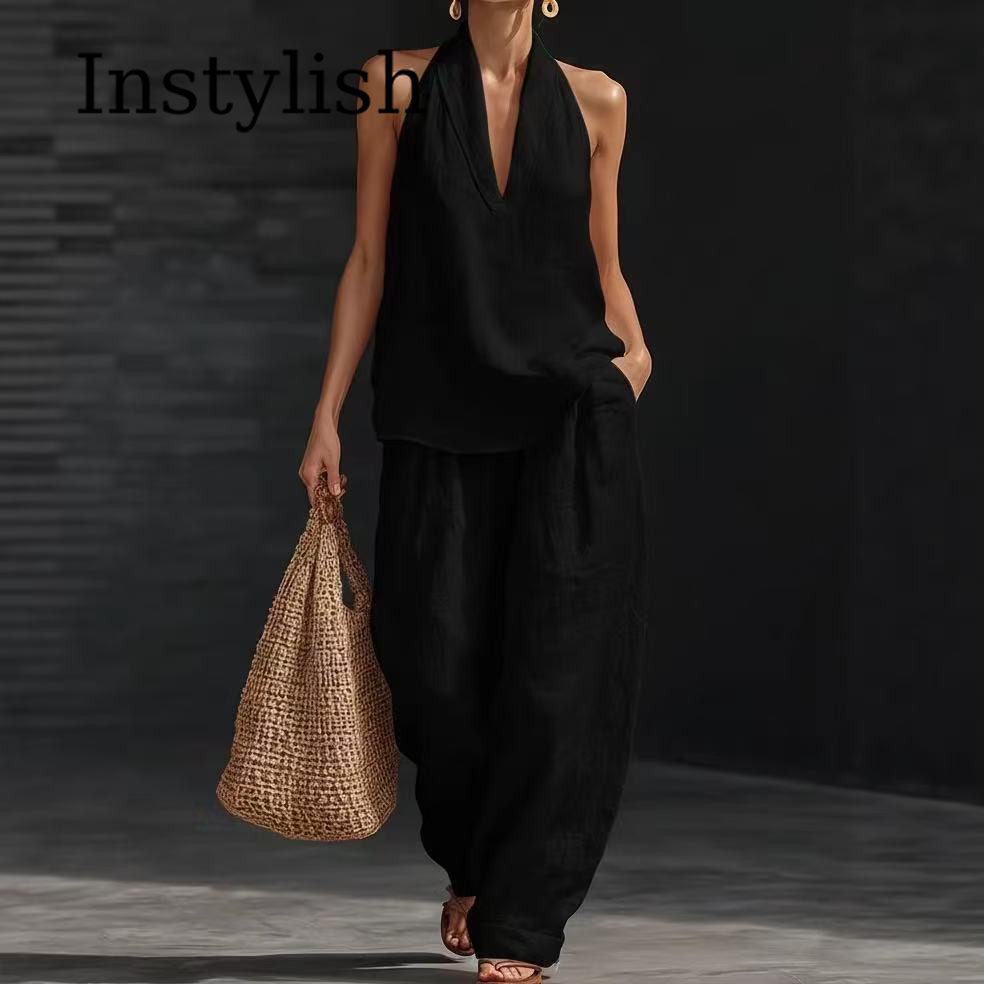 夏の女性用カジュアルリネン2ピースホルターネックVネック通勤 - Linen Pant Wide のレビューと価格