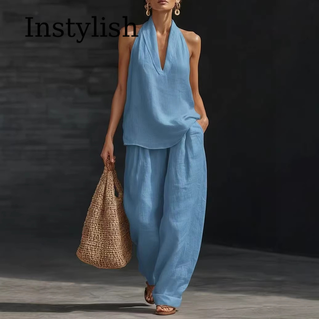 夏の女性用カジュアルリネン2ピースホルターネックVネック通勤 - Linen Pant Wide のレビューと価格
