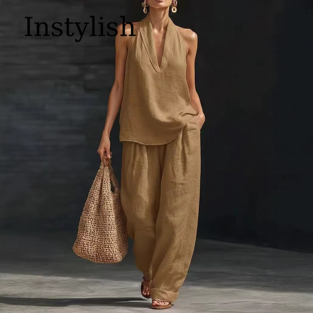 夏の女性用カジュアルリネン2ピースホルターネックVネック通勤 - Linen Pant Wide のレビューと価格
