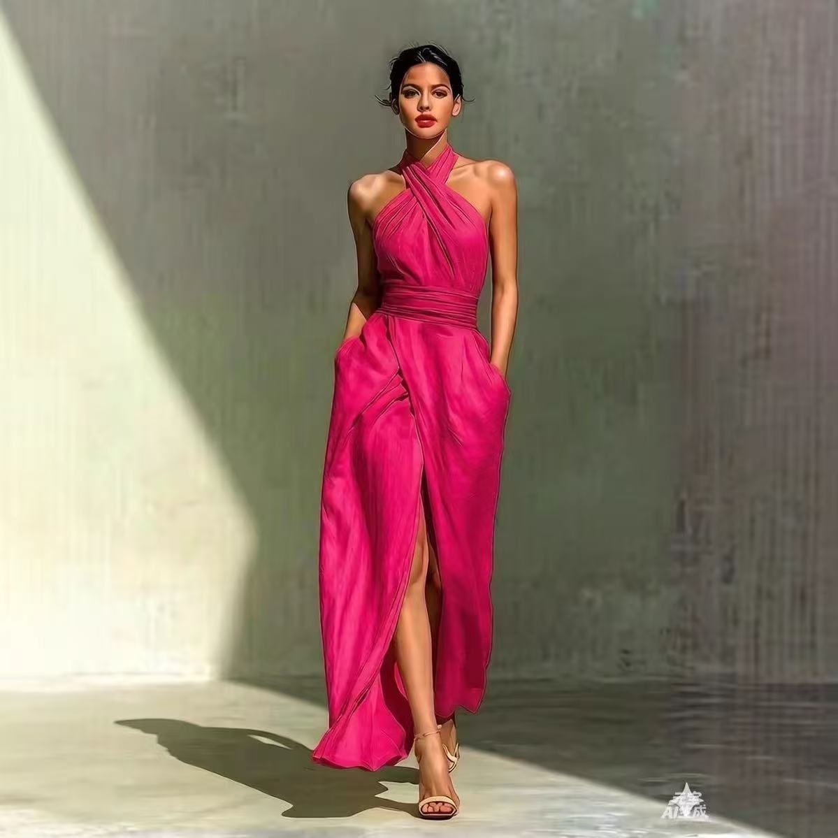 洗練されたデザインの、前スリット入りボヘミアン風ロングドレス - Maxi Dress Halter のレビューと価格