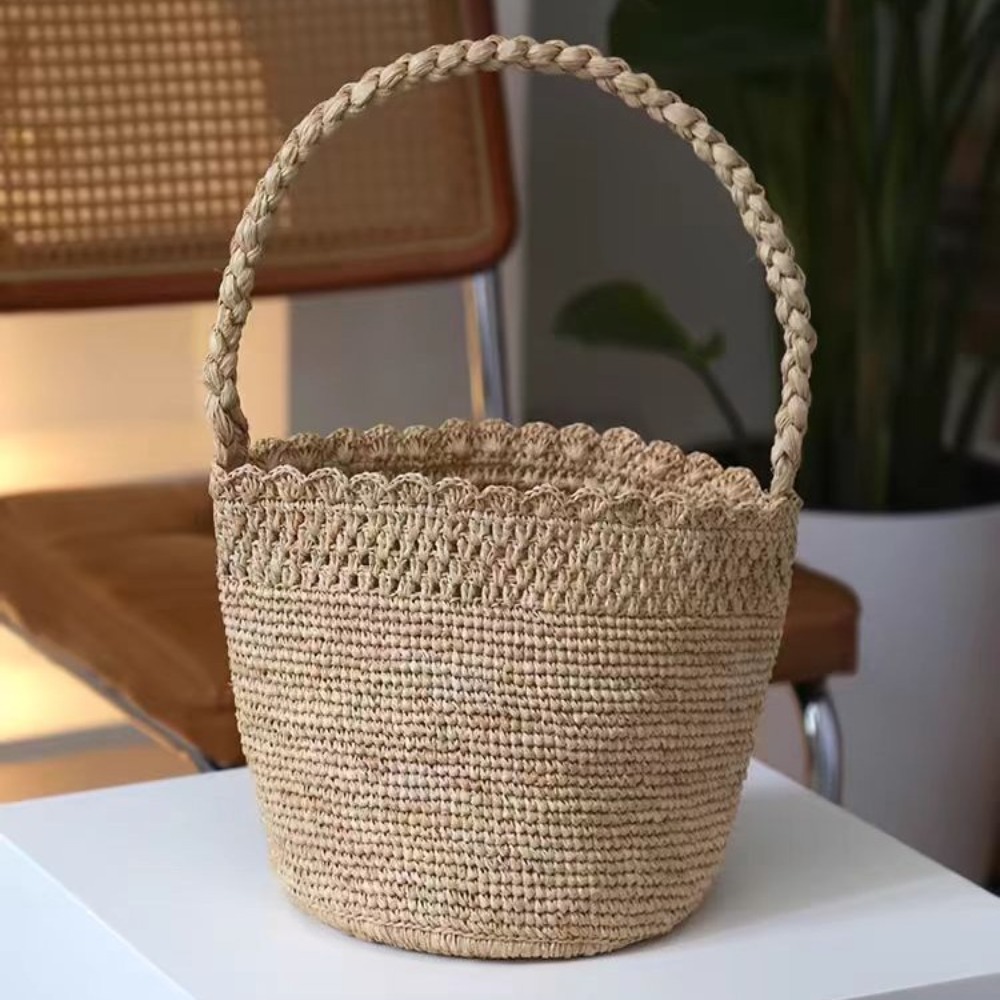 手作りかぎ針編みわらバケツバッグボヘミアンラフィア女性ハンド - Crochet Bag Raffia のレビューと価格