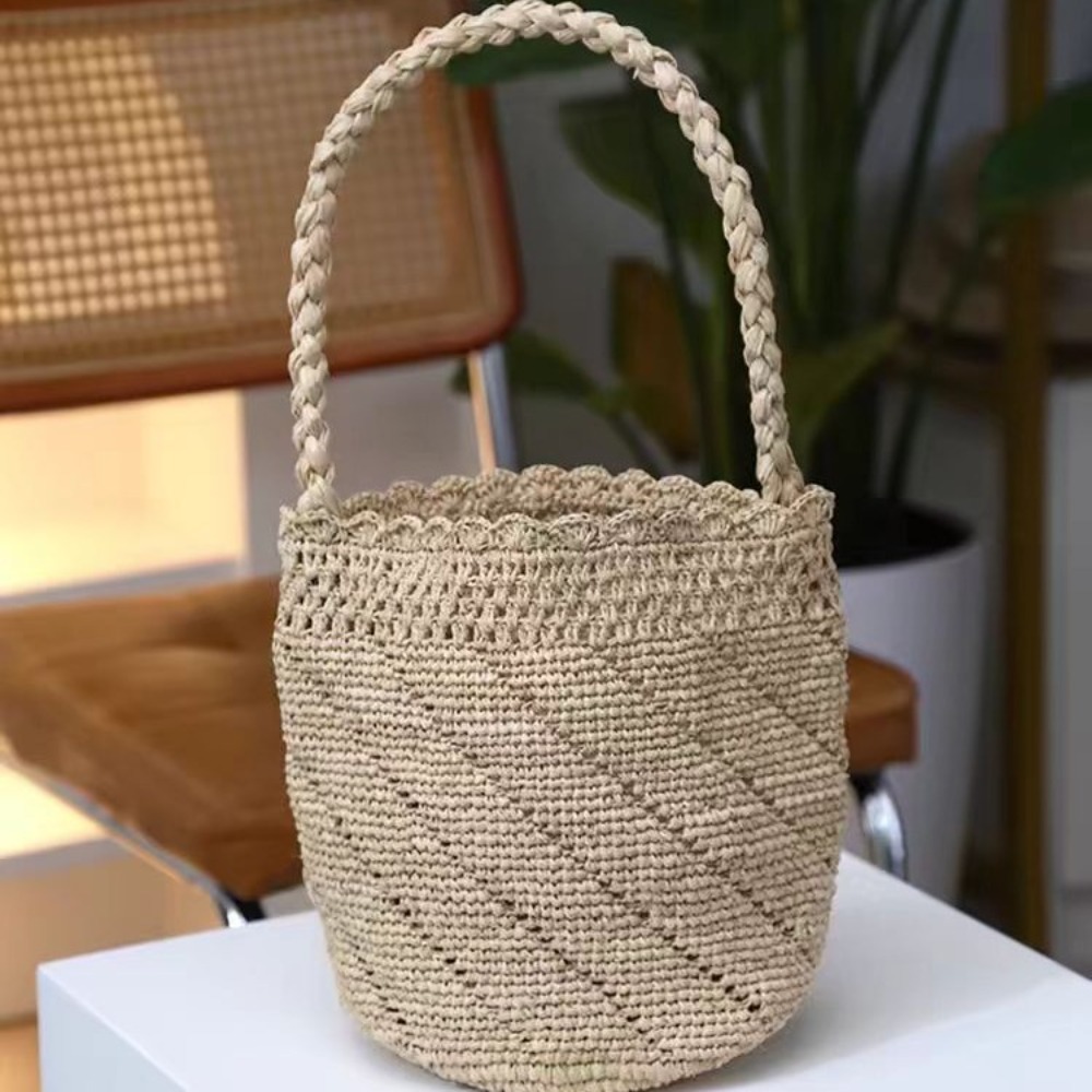 手作りかぎ針編みわらバケツバッグボヘミアンラフィア女性ハンド - Crochet Bag Raffia のレビューと価格