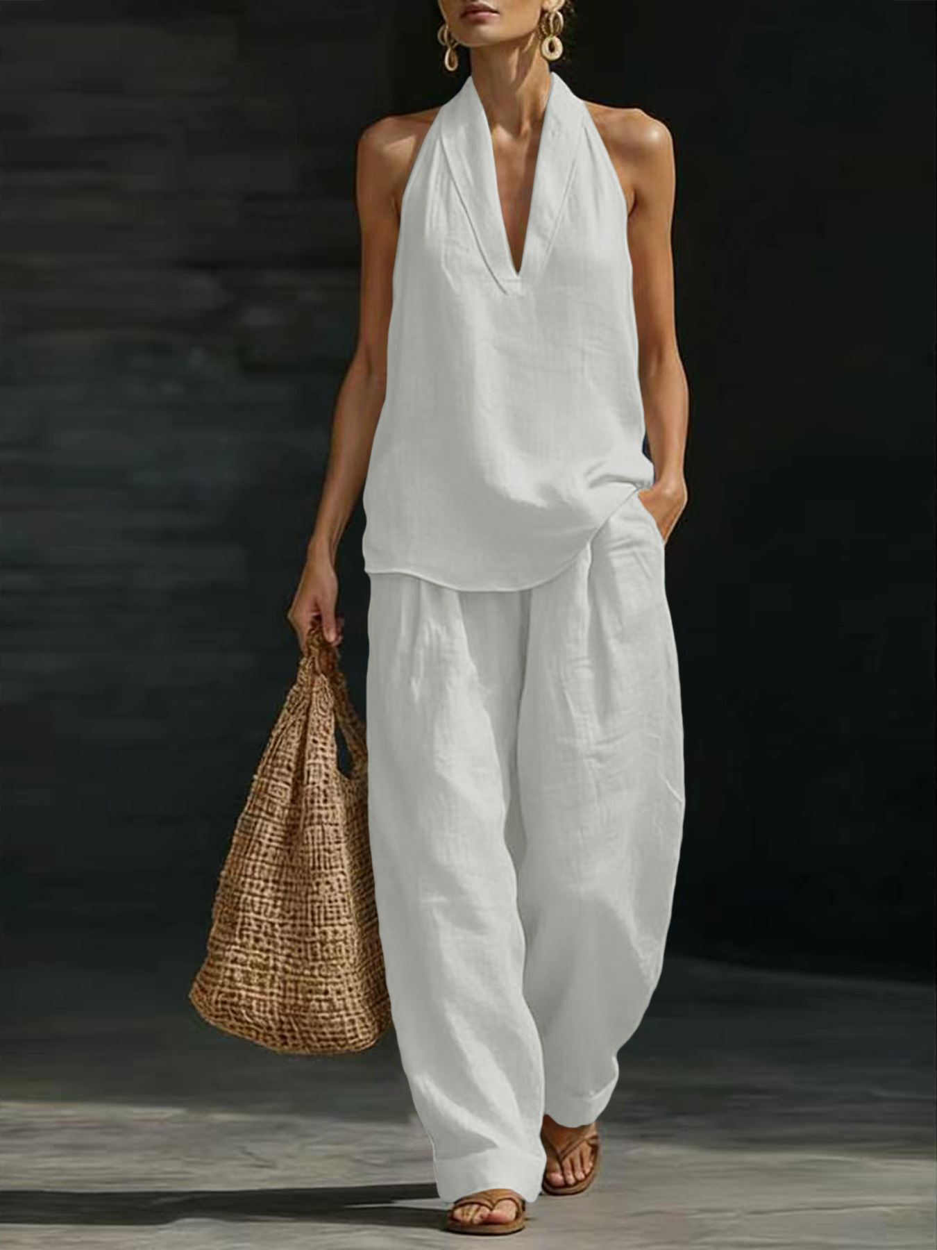 レディースリネン2ピースセット ホルターVネックノースリーブ - Linen Pant Wide のレビューと価格
