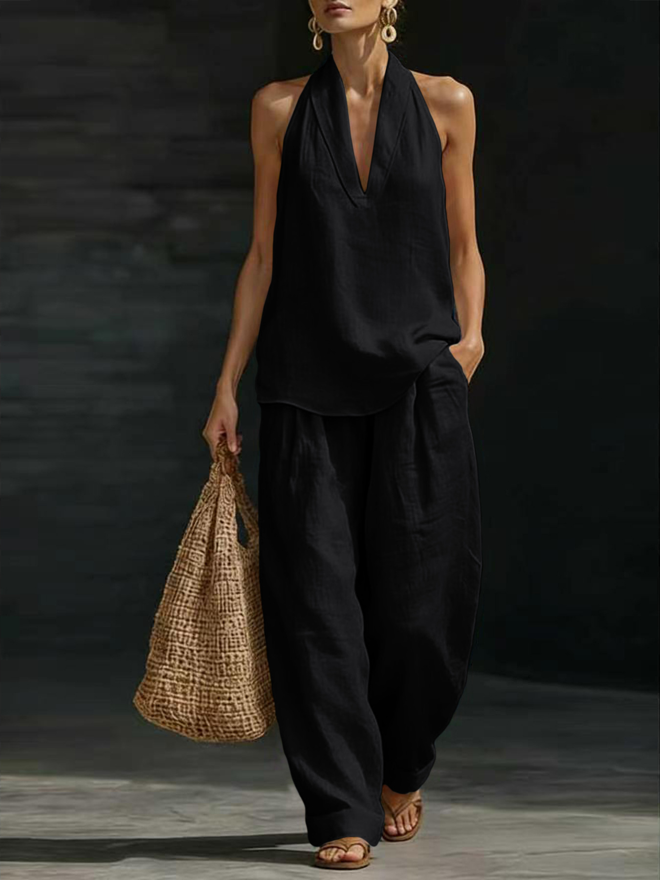 レディースリネン2ピースセット ホルターVネックノースリーブ - Linen Pant Wide のレビューと価格