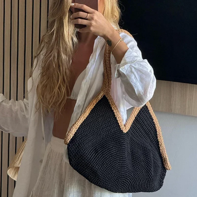 夏の新作手織りハンドバッグ大容量ビーチバケーションショルダー - Crochet Bag Raffia のレビューと価格