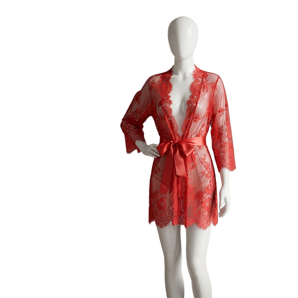 女性用、透け感のある花柄レースのランジェリーローブ。スカロッ - Kimono Sheer Floral のレビューと価格