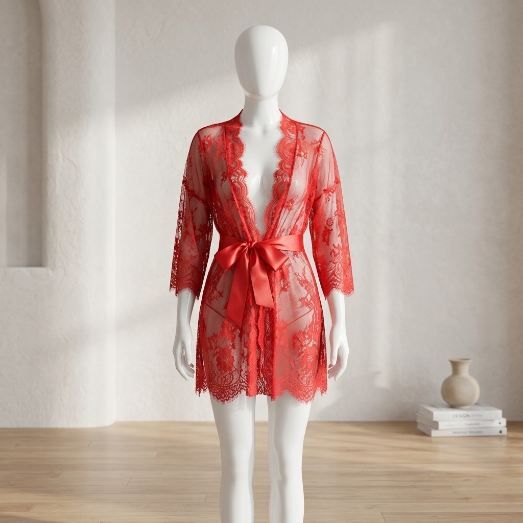 女性用、透け感のある花柄レースのランジェリーローブ。スカロッ - Kimono Sheer Floral のレビューと価格
