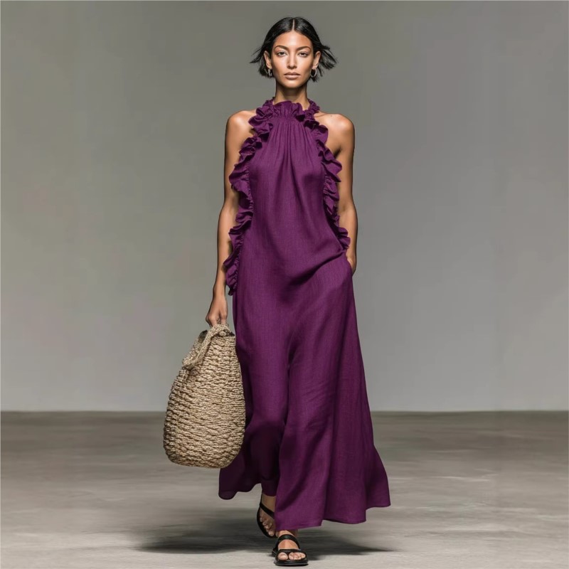 カスタマイズ可能なレディースセクシーホルターネックラッフルマ - Maxi Dress Halter のレビューと価格